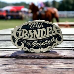 Vtg 1990 C & J Black & Silver Belt Buckle My Grandpa Is The Greatest USA Made